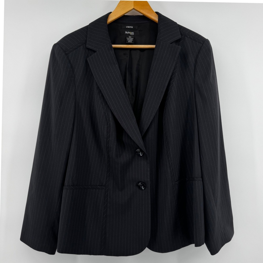 Style & Co Woman Pinstripe Blazer Black White Stretch Two Button Jacket 16W